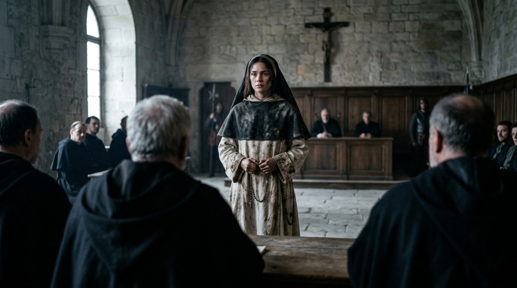 Recreación de un tribunal eclesiástico medieval interrogando a una religiosa, con clérigos observando desde un banco.